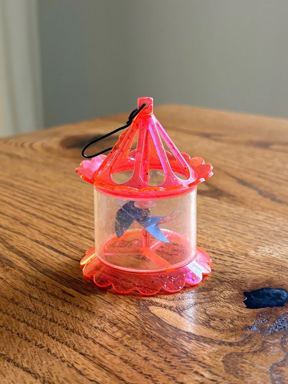 Vintage Birdcage Spinner Twinkler Christmas Tree Ornament Pink Plastic Glitter